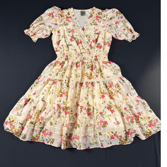 Taylor Dresses & Skirts - Taylor Floral Chiffon Tiered Mini Dress Cream Pink Smocked Waist Size M‎
